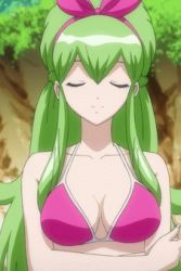 Rule 34 | 1boy, animated, animated gif, bikini, bow, breasts, cleavage, finger to mouth, green hair, ixion saga, large breasts, lowres, mariandale, newhalf, swimsuit