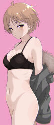 Rule 34 | 1girl, absurdres, bare shoulders, bottomless, breasts, brown eyes, brown hair, cleavage, collarbone, cowboy shot, fur-trimmed jacket, fur trim, grey jacket, highres, ito kashiwamochi, jacket, looking at viewer, medium breasts, navel, open clothes, open jacket, original, parted lips, pink background, short hair, simple background, solo, undressing