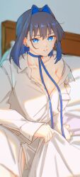 Rule 34 | 1girl, absurdres, bed, bed sheet, black hair, blue bow, blue eyes, blue hair, blue ribbon, blush, bow, bow earrings, breasts, choker, cleavage, collarbone, collared shirt, dress shirt, earrings, hair between eyes, hair intakes, highres, hololive, hololive english, jewelry, large breasts, long sleeves, looking at viewer, multicolored hair, naked shirt, official alternate costume, on bed, ouro kronii, ribbon, ribbon choker, shirt, short hair, sidelocks, two-tone hair, virtual youtuber, white shirt, yuutomeh