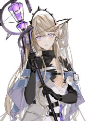 Rule 34 | 1girl, arknights, black gloves, blonde hair, collar, dress, elbow gloves, flat chest, gloves, hair ornament, highres, holding, holding staff, id card, indigo (arknights), infection monitor (arknights), long hair, looking at viewer, parted lips, pointy ears, purple eyes, solo, staff, upper body, very long hair, vient, white dress