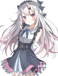 Rule 34 | 1girl, arms behind back, bare shoulders, black bow, black hairband, black skirt, blush, bow, center frills, closed mouth, collared shirt, commentary request, frilled hairband, frilled shirt collar, frills, hair bow, hairband, head tilt, hololive, horns, huyunora, long hair, looking at viewer, multicolored hair, nakiri ayame, nakiri ayame (girly), oni, pleated skirt, red eyes, red hair, shirt, silver hair, simple background, skin-covered horns, skirt, sleeveless, sleeveless shirt, smile, solo, streaked hair, suspender skirt, suspenders, very long hair, virtual youtuber, white background, white shirt