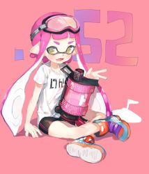 Rule 34 | 1girl, bad id, bad twitter id, bike shorts, brown eyes, crossed legs, fangs, goggles, highres, inkling, inkling girl, inkling player character, long hair, mask, nintendo, open mouth, pointy ears, purple hair, shirt, short hair with long locks, shorts, sitting, smile, solo, sprbouuz, t-shirt, tentacle hair, twintails, v
