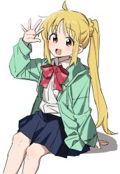 Rule 34 | ahoge, blonde hair, blue skirt, bocchi the rock!, bow, brown eyes, collared shirt, feet out of frame, green jacket, hair ornament, hair scrunchie, ijichi nijika, jacket, long hair, long sleeves, looking at viewer, pleated skirt, red bow, red eyes, school uniform, scrunchie, shirt, shisoneri, side ponytail, sidelocks, simple background, sitting, skirt, white background, white shirt