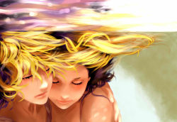 Rule 34 | 1boy, 1girl, bare shoulders, black hair, blonde hair, brother and sister, closed mouth, commentary, derivative work, eyelashes, floating hair, hair ornament, heads together, kagamine len, kagamine rin, moneynew, portrait, purple hair, short hair, siblings, smile, twins, underwater, vocaloid
