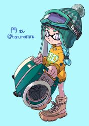 Rule 34 | 1girl, aqua-framed eyewear, aqua background, aqua hair, aqua hat, black shorts, blue eyes, boots, braid, brown footwear, closed mouth, commentary request, cross-laced footwear, full body, goggles, goggles on head, hat, highres, holding, holding weapon, inkling, inkling girl, inkling player character, long hair, nintendo, print sweater, shorts, simple background, ski goggles, sloshing machine (splatoon), smile, solo, splatoon (series), splatoon 3, standing, sweater, thick eyebrows, weapon, xdies ds, yellow sweater