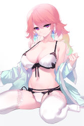 Rule 34 | 1girl, :3, bare shoulders, blue jacket, bra, breasts, cameltoe, cleavage, collarbone, earrings, garter belt, gradient hair, groin, highres, hololive, hololive english, jacket, jewelry, large breasts, long hair, long sleeves, looking at viewer, multicolored hair, navel, off shoulder, open clothes, open jacket, orange hair, panties, panties over garter belt, red eyes, simple background, sitting, smile, solo, stomach, strap gap, string bra, takanashi kiara, thighhighs, underwear, virtual youtuber, wariza, white background, white bra, white panties, white thighhighs, yaguo