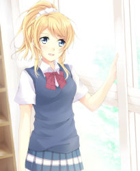 Rule 34 | 10s, 1girl, ayase eli, blonde hair, blue eyes, blush, bow, bowtie, long hair, love live!, love live! school idol project, misuzu (iridescence), open mouth, pleated skirt, ponytail, red bow, red bowtie, school uniform, scrunchie, short sleeves, skirt, smile, solo, striped bow, striped bowtie, striped clothes, striped neckwear, vest