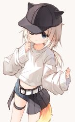 Rule 34 | 1girl, ;), animal ears, animal hat, baseball cap, belt, belt buckle, black hat, black skirt, blue eyes, blue shorts, buckle, closed mouth, commentary request, fake animal ears, gradient background, grey background, grey hair, hand up, hat, highres, index finger raised, long hair, long sleeves, low ponytail, one eye closed, original, pleated skirt, ponytail, puffy long sleeves, puffy sleeves, red girl (yuuhagi (amaretto-no-natsu)), shirt, short shorts, shorts, showgirl skirt, skirt, sleeves past wrists, smile, solo, tail, white belt, white shirt, yuuhagi (amaretto-no-natsu)