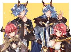 Rule 34 | 2boys, 2girls, animal ears, blue hair, blush, breasts, cleavage, commentary request, cow ears, cow horns, cross, cross earrings, drang (granblue fantasy), draph, earrings, eno yukimi, erune, granblue fantasy, horns, jewelry, large breasts, long hair, multiple boys, multiple girls, pointy ears, red hair, short hair, sturm (granblue fantasy), time paradox