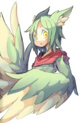 Rule 34 | 1girl, 4138, animal ears, bad id, bad pixiv id, feathered wings, feathers, green feathers, green hair, harpy, highres, monster girl, open mouth, original, scarf, solo, winged arms, wings, yellow eyes, yellow feathers