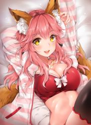 Rule 34 | 1girl, animal ear fluff, animal ears, arms up, black thighhighs, blush, bra, breasts, cleavage, fate/extra, fate/extra ccc, fate (series), fox ears, fox tail, hair between eyes, highres, jacket, large breasts, long hair, long sleeves, looking at viewer, lying, md5 mismatch, nia (leafunia), official alternate costume, on back, open clothes, open jacket, open mouth, pink hair, pink jacket, red bra, resolution mismatch, sidelocks, smile, solo, source smaller, striped clothes, striped jacket, tail, tamamo (fate), tamamo no mae (fate/extra), tamamo no mae (spring casual) (fate), thighhighs, underwear, yellow eyes