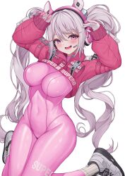 Rule 34 | 1girl, :d, alice (nikke), arms up, artfairy, blush, bodysuit, breasts, covered navel, goddess of victory: nikke, highres, jacket, large breasts, long hair, long sleeves, looking at viewer, open mouth, pink bodysuit, pink eyes, pink headphones, pink jacket, simple background, smile, solo, thighs, twintails, white background, white footwear