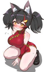 Rule 34 | 1girl, alternate costume, animal ear fluff, animal ears, bare shoulders, black footwear, black hair, blush, breasts, china dress, chinese clothes, closed mouth, detached sleeves, dress, from above, highres, hololive, kani bonara, large breasts, long hair, looking at viewer, multicolored hair, ookami mio, orange eyes, red dress, short dress, simple background, sketch, sleeveless, sleeveless dress, solo, squatting, streaked hair, tight clothes, tight dress, twintails, virtual youtuber, wavy mouth, white background, wide hips, wolf ears, wolf girl