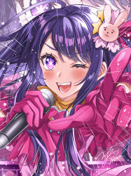 Rule 34 | 1girl, absurdres, blush, brooch, commentary request, dress, fangs, floating hair, frilled dress, frilled gloves, frills, gloves, hair between eyes, hair ornament, hair ribbon, heart, heart brooch, highres, holding, holding microphone, hoshino ai (oshi no ko), idol, idol clothes, jewelry, lens flare, light particles, looking at viewer, microphone, noa (95266654), one eye closed, open mouth, oshi no ko, parted bangs, partial commentary, pink dress, pink gloves, pink ribbon, pointing, pointing at viewer, purple eyes, purple hair, rabbit hair ornament, ribbon, screen zoom, sidelocks, signature, smile, solo, star-shaped pupils, star (symbol), star hair ornament, swept bangs, symbol-shaped pupils, teeth, turtleneck, turtleneck dress, upper body