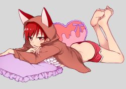 Rule 34 | 10s, 1girl, animal hood, ashiyu (t0m1), ass, barefoot, butt crack, crossed arms, dolphin shorts, downpants, feet, grey background, heart, heart-shaped pillow, hood, hooded jacket, hoodie, jacket, kenjou akira, kirakira precure a la mode, lying, micro shorts, on stomach, open clothes, open hoodie, open jacket, parted lips, pillow, precure, red eyes, red hair, short shorts, shorts, simple background, soles, solo, toes