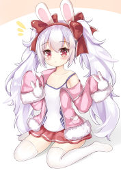 Rule 34 | 1girl, absurdres, animal ears, arlene (ju), azur lane, bare shoulders, blush, bow, camisole, chestnut mouth, collarbone, commentary request, flying sweatdrops, full body, hair between eyes, hair bow, hairband, hands up, highres, jacket, laffey (azur lane), long hair, long sleeves, looking at viewer, no shoes, off shoulder, open clothes, open jacket, parted lips, pink jacket, pleated skirt, rabbit ears, red bow, red eyes, red hairband, red skirt, silver hair, sitting, skirt, sleeves past fingers, sleeves past wrists, solo, strap slip, thighhighs, twintails, very long hair, wariza, white background, white camisole, white thighhighs