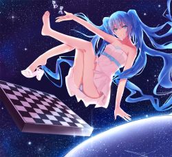 Rule 34 | 1girl, barefoot, blue eyes, blue hair, chess piece, chessboard, dress, feet, floating hair, full body, hatsune miku, invisible chair, long hair, looking at viewer, matching hair/eyes, muko (kokia38), outstretched arm, panties, sandals, shoe dangle, shoes, single shoe, sitting, solo, space, star (sky), strapless, strapless dress, twintails, underwear, very long hair, vocaloid