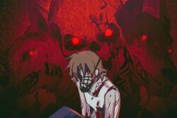 Rule 34 | 1boy, blood, blood on arm, blood on clothes, blood on face, brown hair, chinese commentary, commentary request, dog, dongfang hong jiu ai, male focus, muzzle, parted bangs, red background, red eyes, saibou shinkyoku, shinano eiji, short hair, skull, solo, spoilers, tank top, white tank top