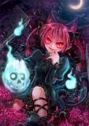 Rule 34 | 1girl, animal ears, braid, cat ears, cat girl, cat tail, dress, extra ears, fangs, female focus, kaenbyou rin, long hair, misaki (kyal 001), multiple tails, pointy ears, red eyes, red hair, ribbon, skull, smile, solo, tail, team shanghai alice, touhou, twin braids, twintails