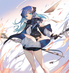 Rule 34 | 1girl, arknights, asymmetrical gloves, black gloves, black jacket, black shorts, blue eyes, blue hair, commentary request, dual wielding, duplicate, feet out of frame, fur-trimmed jacket, fur trim, gloves, halo, highres, holding, holding staff, horns, jacket, long hair, long sleeves, looking at viewer, mismatched gloves, mostima (arknights), nian (zhanian), originium arts (arknights), shirt, short shorts, shorts, smile, solo, staff, standing, tail, thighs, v-shaped eyebrows, white gloves, white shirt