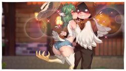 Rule 34 | 1boy, 1girl, ahoge, ass, bare shoulders, birb (niniidawns), bird legs, bird tail, blush, braid, denim, denim shorts, faceless, faceless male, feathered wings, feathers, green hair, hair between eyes, harpy, hat, head wings, heart, heart ahoge, highres, hug, kiss, kissing cheek, long hair, monster girl, niniidawns, non-web source, original, shorts, sparkle, standing, standing on one leg, straw hat, tail, talons, twin braids, white feathers, white wings, wide hips, wing ears, winged arms, wings