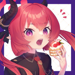 Rule 34 | 1girl, blue archive, blush, food, fruit, highres, horns, image sample, junko (blue archive), kutori pan&#039;ya, looking at viewer, pointy ears, red hair, solo, strawberry, twintails, twitter sample