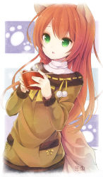 Rule 34 | 1girl, animal ears, border, bowl, brown sweater, cat ears, cotton ball, fading border, food, green eyes, holding, holding food, long hair, long sleeves, open mouth, orange hair, original, paw print, paw print background, pocket, ribbon, shirt, solo, steam, sweater, tail, turtleneck, white shirt, winter clothes, yellow ribbon, yonema