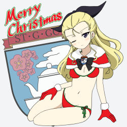 Rule 34 | 1girl, ;), arm support, assam (girls und panzer), bikini, black ribbon, blonde hair, blue eyes, blush, breasts, capelet, christmas, closed mouth, commentary, emblem, english text, full body, fur-trimmed capelet, fur-trimmed gloves, fur trim, girls und panzer, gloves, grey background, hair pulled back, hair ribbon, hand on own thigh, head tilt, ichinose jun, leaning to the side, long hair, looking at viewer, medium breasts, merry christmas, navel, one eye closed, red bikini, red capelet, red gloves, ribbon, santa costume, side-tie bikini bottom, sitting, smile, solo, st. gloriana&#039;s (emblem), swimsuit, thigh gap, yokozuwari