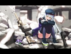 Rule 34 | 1girl, assault rifle, beret, black hat, black thighhighs, blunt bangs, closed mouth, commentary request, debris, facial mark, flower, girls&#039; frontline, gloves, green eyes, gun, h&amp;k hk416, hair ornament, hat, heckler &amp; koch, highres, hk416 (girls&#039; frontline), jacket, kinosuke (sositeimanoga), knees to chest, knees together feet apart, letterboxed, long hair, long sleeves, looking to the side, plaid, plaid skirt, rifle, scenery, silver hair, simple background, skirt, teardrop, thighhighs, weapon