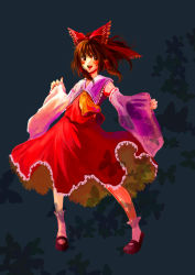Rule 34 | 1girl, ascot, bad id, bad pixiv id, blush, bow, brown eyes, brown hair, bug, butterfly, detached sleeves, female focus, frills, full body, hair bow, hakurei reimu, bug, japanese clothes, mary janes, miko, open mouth, ponytail, shoes, smile, solo, tatejima uri, touhou, wide sleeves