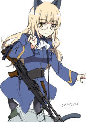 Rule 34 | 1girl, animal ears, black pantyhose, blonde hair, blush, breasts, cat ears, cat tail, closed mouth, dated, glasses, gun, index finger raised, long hair, looking at viewer, military, military uniform, pantyhose, perrine h. clostermann, rifle, sakakibara taiga, simple background, small breasts, smile, solo, strike witches, striker unit, tail, uniform, weapon, white background, world witches series, yellow eyes