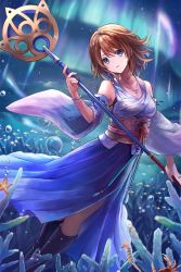 Rule 34 | 1girl, animal, aurora, bare shoulders, black footwear, blue eyes, boots, breasts, brown hair, cleavage, coral, crab, detached sleeves, final fantasy, final fantasy x, fish, green eyes, hakama, hakama short skirt, hakama skirt, heterochromia, holding, holding staff, japanese clothes, jewelry, long sleeves, looking at viewer, medium breasts, necklace, obi, open mouth, purple hakama, ribbon-trimmed sleeves, ribbon trim, ring, sasanomesi, sash, seahorse, short hair, skirt, solo, staff, starfish, wide sleeves, yuna (ff10)