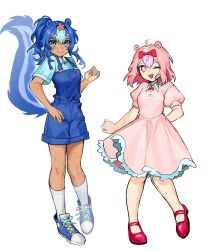 Rule 34 | 2girls, :d, ahoge, animal ears, blue eyes, blue hair, blue nails, blue overalls, blue shirt, bow, closed mouth, dark-skinned female, dark skin, dress, flower, freckles, frills, full body, giggles (happy tree friends), hair bow, hair flower, hair ornament, happy tree friends, highres, looking at viewer, mary felizola, medium hair, multiple girls, one eye closed, open mouth, overall shorts, overalls, petunia (happy tree friends), pink dress, pink eyes, pink hair, ponytail, red footwear, shirt, shoes, short sleeves, simple background, smile, sneakers, socks, tail, white background