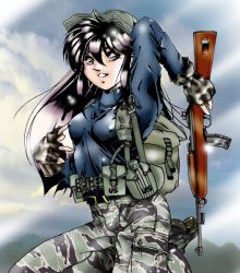 Rule 34 | 1girl, ammunition pouch, backpack, bag, boots, breasts, camouflage, canteen, covered erect nipples, fatigues, fingerless gloves, gloves, gun, hat, m1 carbine, military, military operator, military uniform, pouch, randoseru, small breasts, solo, tiger stripes, uniform, weapon, yitsuse masami