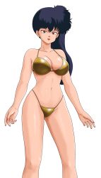 Rule 34 | 1980s (style), 1girl, :d, absurdres, arms at sides, bikini, black hair, breasts, cleavage, cowboy shot, curvy, female focus, g-string, gold bikini, highleg, highleg bikini, highleg swimsuit, highres, kunou kodachi, large breasts, lips, lipstick, long hair, looking at viewer, makeup, midriff, nail polish, navel, oldschool, open mouth, outstretched arms, ponytail, purple eyes, ranma 1/2, red lips, red nails, retro artstyle, shiny clothes, smile, solo, spread arms, standing, swimsuit, thong, thong bikini, transparent background, x20man