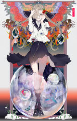 Rule 34 | 1girl, abstract, asymmetrical hair, bad id, bad pixiv id, ball, black footwear, black skirt, black thighhighs, blonde hair, braid, breasts, broken glass, character name, commentary, crossed legs, crying, crying with eyes open, disembodied limb, floating hair, flower, full body, glass, gluteal fold, hair between eyes, hair flower, hair ornament, hair over one eye, loafers, long hair, looking at viewer, nanase miri, open mouth, original, pleated skirt, sailor collar, school uniform, see-through silhouette, serafuku, shirt, shoes, skirt, small breasts, socks, socks over thighhighs, solo, standing, tears, thighhighs, twin braids, twintails, white shirt, white socks