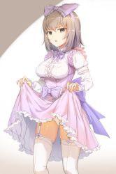 Rule 34 | 10s, 1girl, :o, bow, breasts, dress, frills, garter straps, girls und panzer, grey eyes, grey hair, hair between eyes, hair bow, highres, icomochi, itsumi erika, legs apart, long sleeves, looking at viewer, medium breasts, open mouth, panties, purple bow, purple dress, raised eyebrow, shade, sidelocks, solo, standing, thighhighs, thighs, underbust, underwear, white panties, white thighhighs