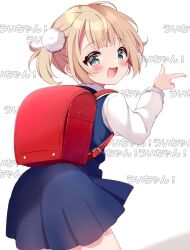 Rule 34 | 1girl, ass, backpack, bag, blonde hair, blue dress, blush, commentary, cowboy shot, dancing, dress, green eyes, hair ornament, hand up, highres, index finger raised, indie virtual youtuber, kiyo (yamazoe1122), looking at viewer, medium hair, open mouth, pleated dress, pom pom (clothes), pom pom hair ornament, randoseru, red bag, shigure ui (vtuber), shigure ui (vtuber) (young), shirt, shukusei!! loli-gami requiem, sidelocks, smile, solo, text background, translated, twintails, white background, white shirt