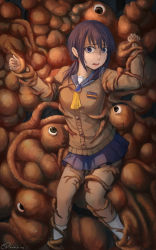 Rule 34 | 10s, 1girl, 2014, beige shirt, blue eyes, blue hair, blue skirt, brown eyes, corpse party, crying, crying with eyes open, dated, eldritch abomination, extra eyes, kneehighs, long sleeves, looking at viewer, low twintails, open mouth, pleated skirt, restrained, safety pin, school uniform, serafuku, shinozaki ayumi, skirt, socks, takasugi yasu, tears, tentacles, twintails, white socks