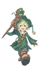 Rule 34 | 1boy, arm up, blush, boots, brown footwear, brown gloves, character request, collarbone, gloves, green eyes, green hair, green headwear, hair between eyes, highres, holding, holding staff, kuma (jk0073), leaf, light green hair, long sleeves, male focus, merc storia, open mouth, pouch, round teeth, simple background, solo, staff, teeth, tongue, white background, wide sleeves