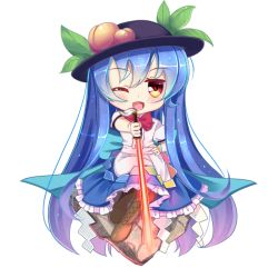 Rule 34 | 1girl, binan xian lu, black hat, blue hair, blue skirt, blush, boots, bow, brown footwear, chibi, full body, hat, hinanawi tenshi, holding, holding sword, holding weapon, knee boots, long hair, looking at viewer, one eye closed, open mouth, puffy short sleeves, puffy sleeves, red bow, red eyes, short sleeves, sitting, skirt, smile, solo, sword, sword of hisou, touhou, weapon