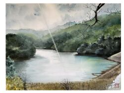 bare_tree cloud cloudy_sky concrete grey_sky highres landscape mountainous_horizon no_humans original painting_(medium) river riverbank sazanka_352 scenery sky traditional_media tree water watercolor_(medium)