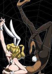 Rule 34 | 1girl, animal ears, ashcape, ass, black pantyhose, blonde hair, bow, breasts, cleavage, female focus, flexible, hair bow, high heels, highres, kurodani yamame, large breasts, leotard, mouth hold, pantyhose, playboy bunny, rabbit ears, rabbit tail, red eyes, shoes, short hair, silk, smile, solo, spider web, tail, touhou, wrist cuffs