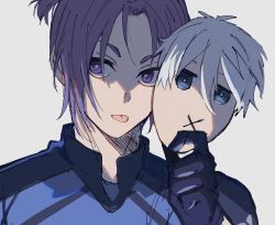 Rule 34 | 1boy, asymmetrical hair, black gloves, blue lock, gloves, highres, holding, holding mask, male focus, mask, mikage reo, ponytail, purple eyes, purple hair, short eyebrows, soccer uniform, sportswear, thick eyebrows, tongue, tongue out, toramaru (696anna)