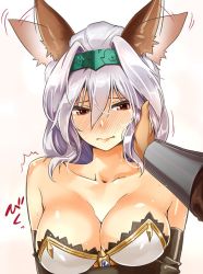 Rule 34 | 10s, 1girl, ^^^, abo (hechouchou), afterimage, animal ears, arm guards, armor, bare shoulders, black gloves, blue gemstone, blush, breastplate, breasts, brooch, cat ears, cleavage, collarbone, crossed arms, dog ears, ear wiggle, elbow gloves, erune, full-face blush, gem, gloves, granblue fantasy, hair between eyes, hair intakes, hand on another&#039;s cheek, hand on another&#039;s face, headband, heles, jewelry, light purple hair, looking away, looking down, motion lines, pov, red eyes, shiny skin, short hair, simple background, solo focus, strapless, tsurime, upper body, white background