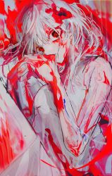 Rule 34 | 1girl, absurdres, highres, looking at viewer, original, paint, paint in hair, paint on body, paint on clothes, paint splatter, paint splatter on face, parted lips, red theme, shirt, shiun (siun 5513), white hair, white shirt