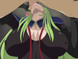 Rule 34 | 10s, 1girl, breasts, censored, cleavage, elbow gloves, covered erect nipples, gloves, green hair, handjob, hat, large breasts, legs, licking, long hair, penis, saliva, standing, star driver, suspenders, testicles, thighs, toku (tokuhp), watanabe kanako