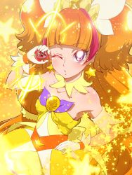 Rule 34 | 1girl, amanogawa kirara, bare shoulders, bow, brown hair, choker, cure twinkle, earrings, gloves, go! princess precure, jewelry, long hair, looking at viewer, magical girl, multicolored hair, one eye closed, precure, purple eyes, quad tails, red hair, shuriken sentai ninninger, solo, star (symbol), star earrings, streaked hair, super sentai, tj-type1, twintails, two-tone hair, white gloves