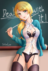 Rule 34 | 1girl, black bra, black panties, black thighhighs, blonde hair, blue cardigan, blush, board, bra, breasts, cardigan, cleavage, collarbone, ellen baker, feet out of frame, garter belt, garter straps, green eyes, hair ornament, hairclip, highres, holding, holding pointer, leaning back, lingerie, lips, long hair, looking at viewer, medium breasts, new horizon, open cardigan, open clothes, open mouth, open shirt, panties, pointer, shirt, sogalan, solo, standing, teacher, thighhighs, underwear, white shirt