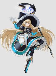 Rule 34 | 1girl, black ribbon, black thighhighs, blonde hair, blue eyes, boots, cropped jacket, dress, frills, gloves, hat, highres, holding, holding staff, knee boots, large hat, layered sleeves, long hair, long sleeves, original, puffy short sleeves, puffy sleeves, ribbon, ruisento, short over long sleeves, short sleeves, simple background, solo, staff, thighhighs, very long hair, white gloves, witch, witch hat
